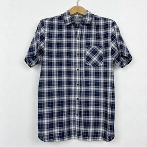 Denver Hayes Men’s Linen Cotton Short Sleeve Navy White Plaid Shirt Size Large‎